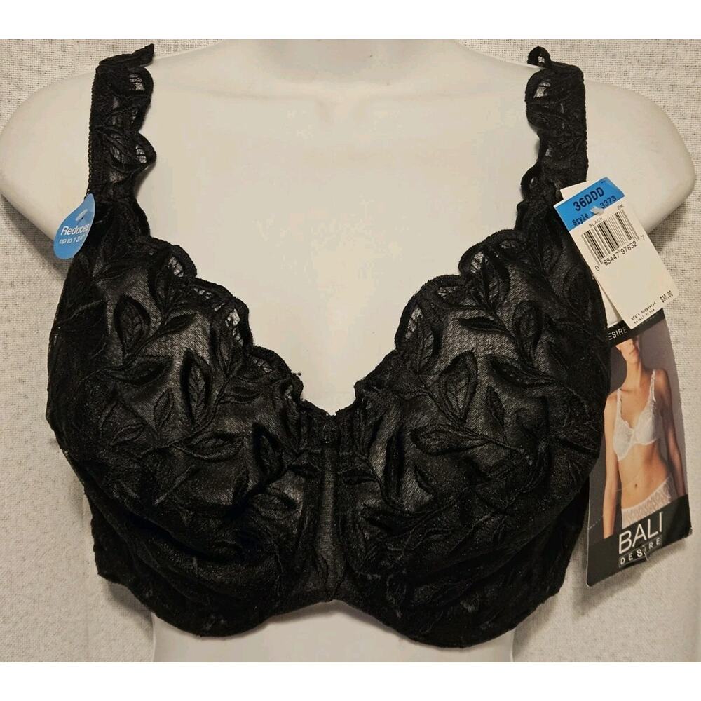 NEW Bali Desire 3373 Minimizer Underwire Bra Semi Sheer Black Lace Sz 36DDD